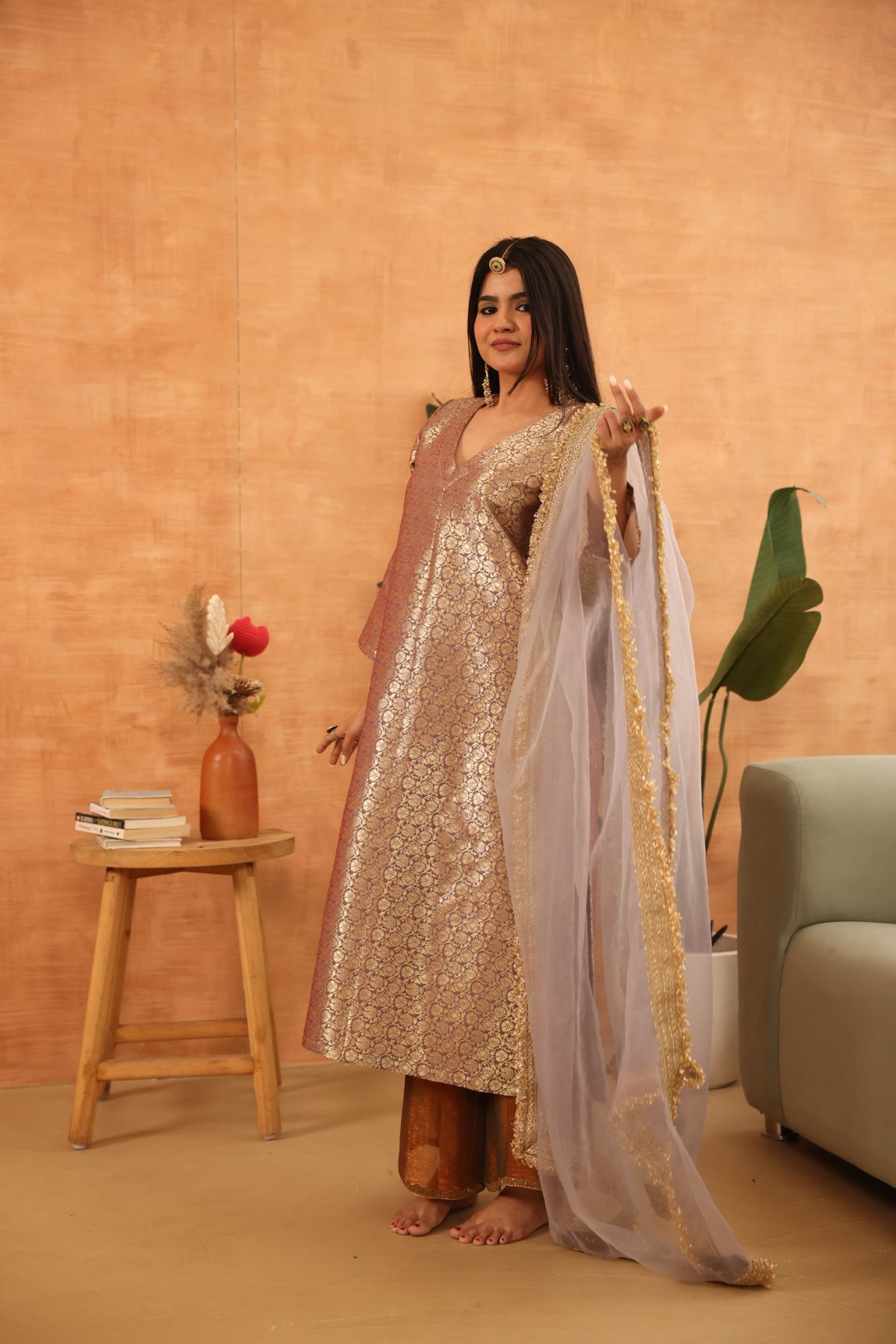 Abeer Grey Brocade Kiran Lace Straight Kurta Set With Organza Dupatta - Deedar-e-Mehfil collection by Gulabo Jaipur
