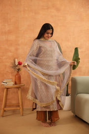 Abeer Grey Brocade Kiran Lace Straight Kurta Set With Organza Dupatta - view 3