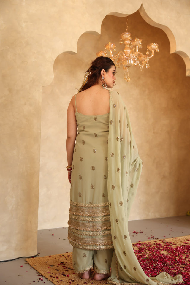 Hunar Olive Gota Lace Georgette Straight Kurta Set With Dupatta - view 2
