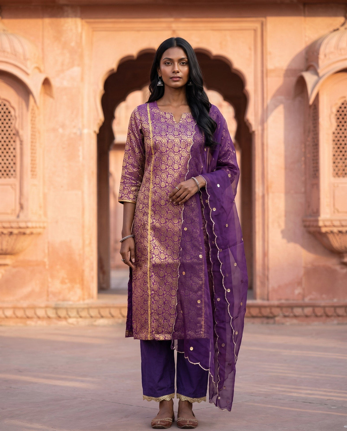 Purple Banarasi Straight Set