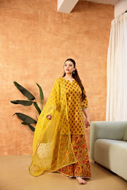 Dipti Mustard Kalidar Sharara Set With Embroidered Organza Dupatta - view 2