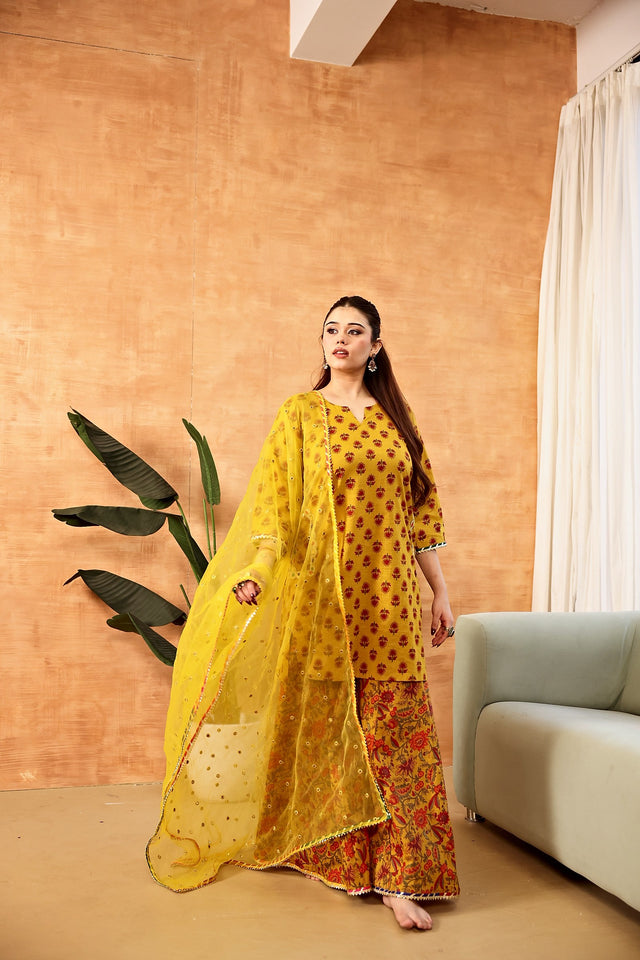 Dipti Mustard Kalidar Sharara Set With Embroidered Organza Dupatta - view 2