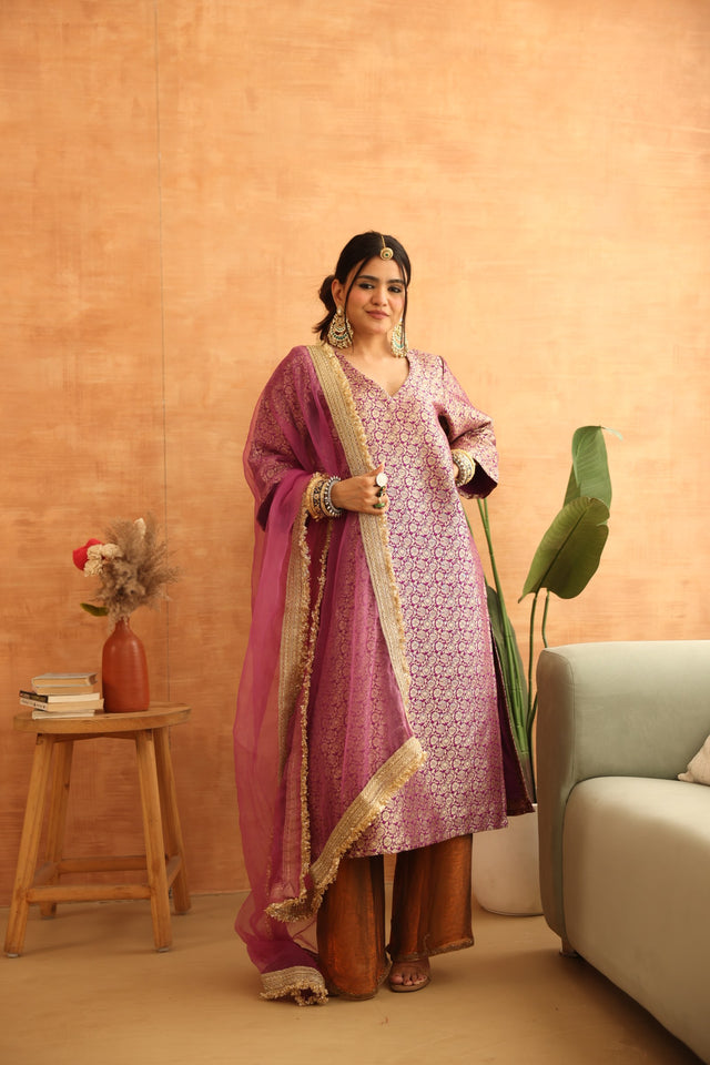 Abeer Purple Brocade Kiran Lace Straight Kurta Set With Organza Dupatta - Deedar-e-Mehfil collection by Gulabo Jaipur