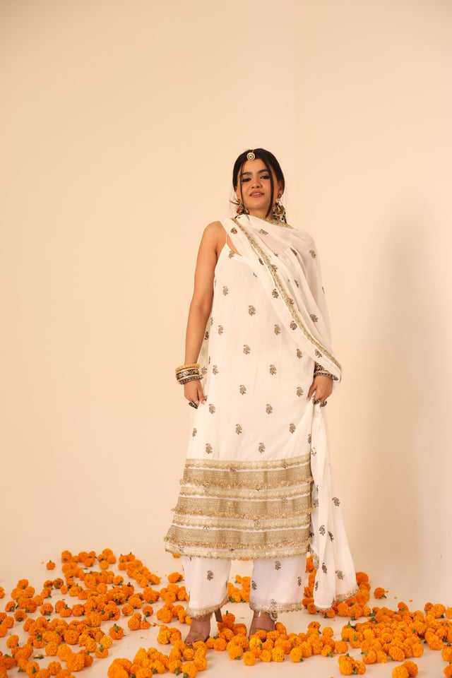 Hunar White Gota Lace Georgette Straight Kurta Set With Dupatta - Deedar-e-Mehfil collection by Gulabo Jaipur