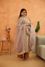 Abeer Grey Brocade Kiran Lace Straight Kurta Set With Organza Dupatta - view 4