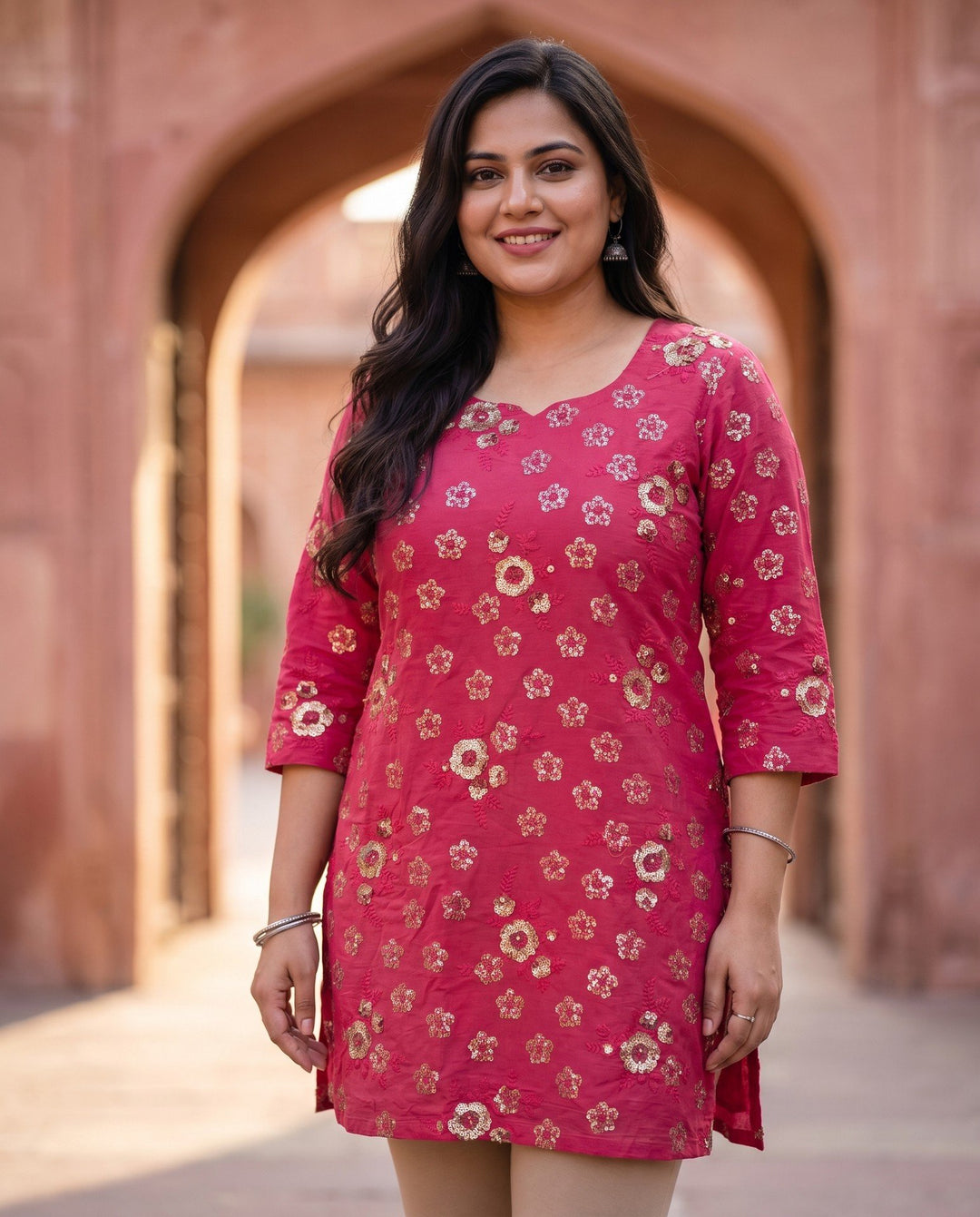 Rani Pink Sequin Kurta – front view