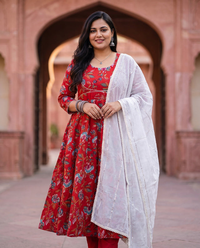 Red Floral Anarkali Set