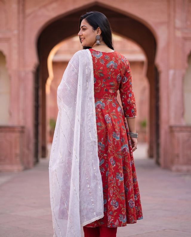 Red Floral Anarkali Set