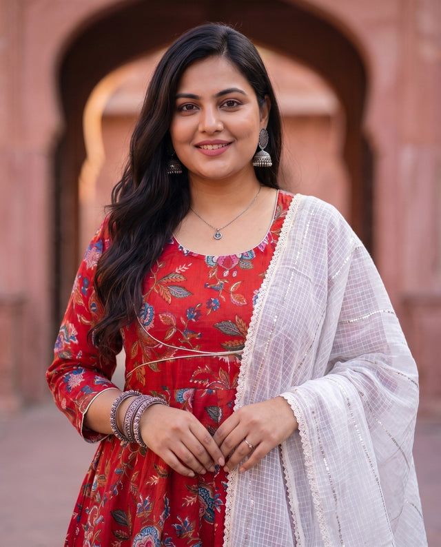 Red Floral Anarkali Set