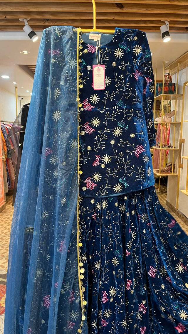 REEM BLUE VELVET LEHENGA SET