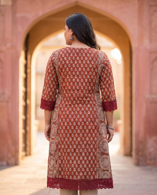Rust Ajrakh Lace Kurta