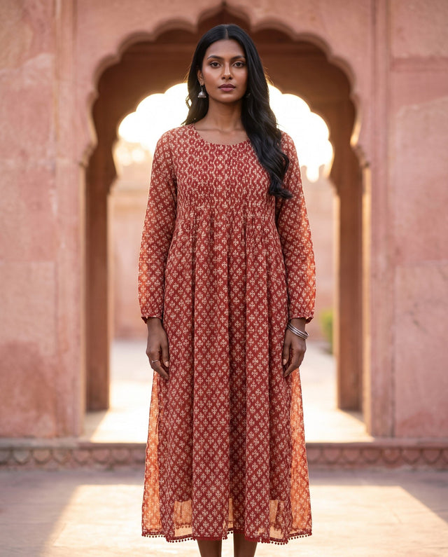 Rust Red Block-Print Kurta