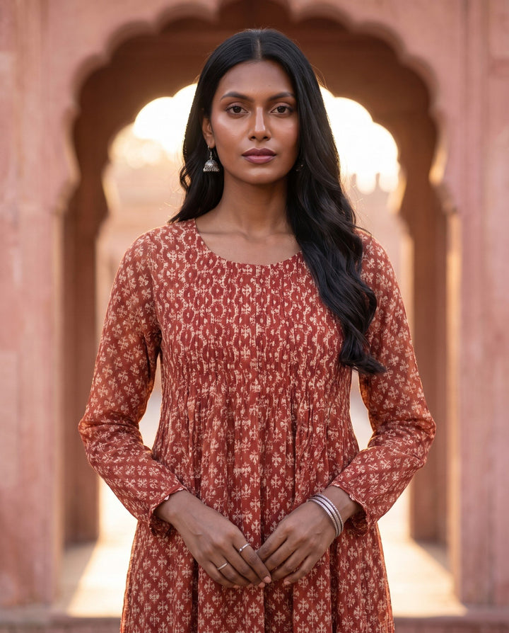 Rust Red Block-Print Kurta – detail view