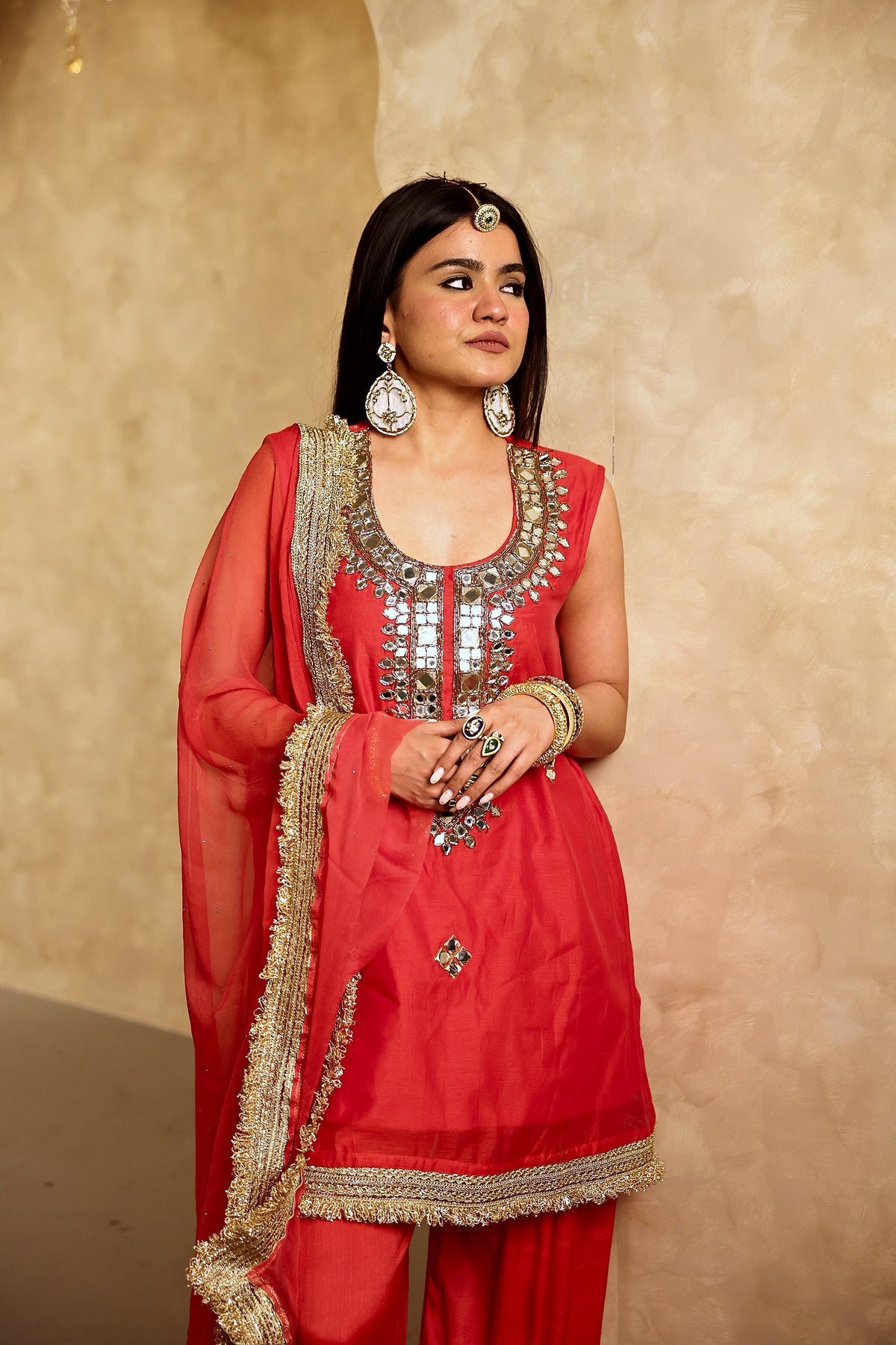 Mikka Red Sleeveless Chanderi Mirror Work Kurta Set With Chiffon Dupatta - Deedar-e-Mehfil collection by Gulabo Jaipur