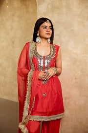 Mikka Red Sleeveless Chanderi Mirror Work Kurta Set With Chiffon Dupatta - Deedar-e-Mehfil collection by Gulabo Jaipur
