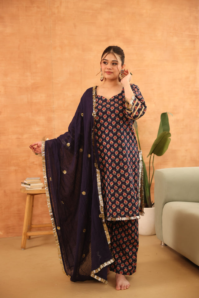Rumi Navy Blue Cotton Taari Lace Straight Kurta Set With Doriya Dupatta - Deedar-e-Mehfil collection by Gulabo Jaipur