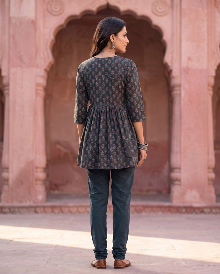 Teal Ajrakh Peplum Kurta – back view