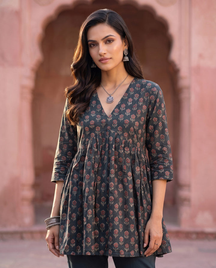 Teal Ajrakh Peplum Kurta – detail view