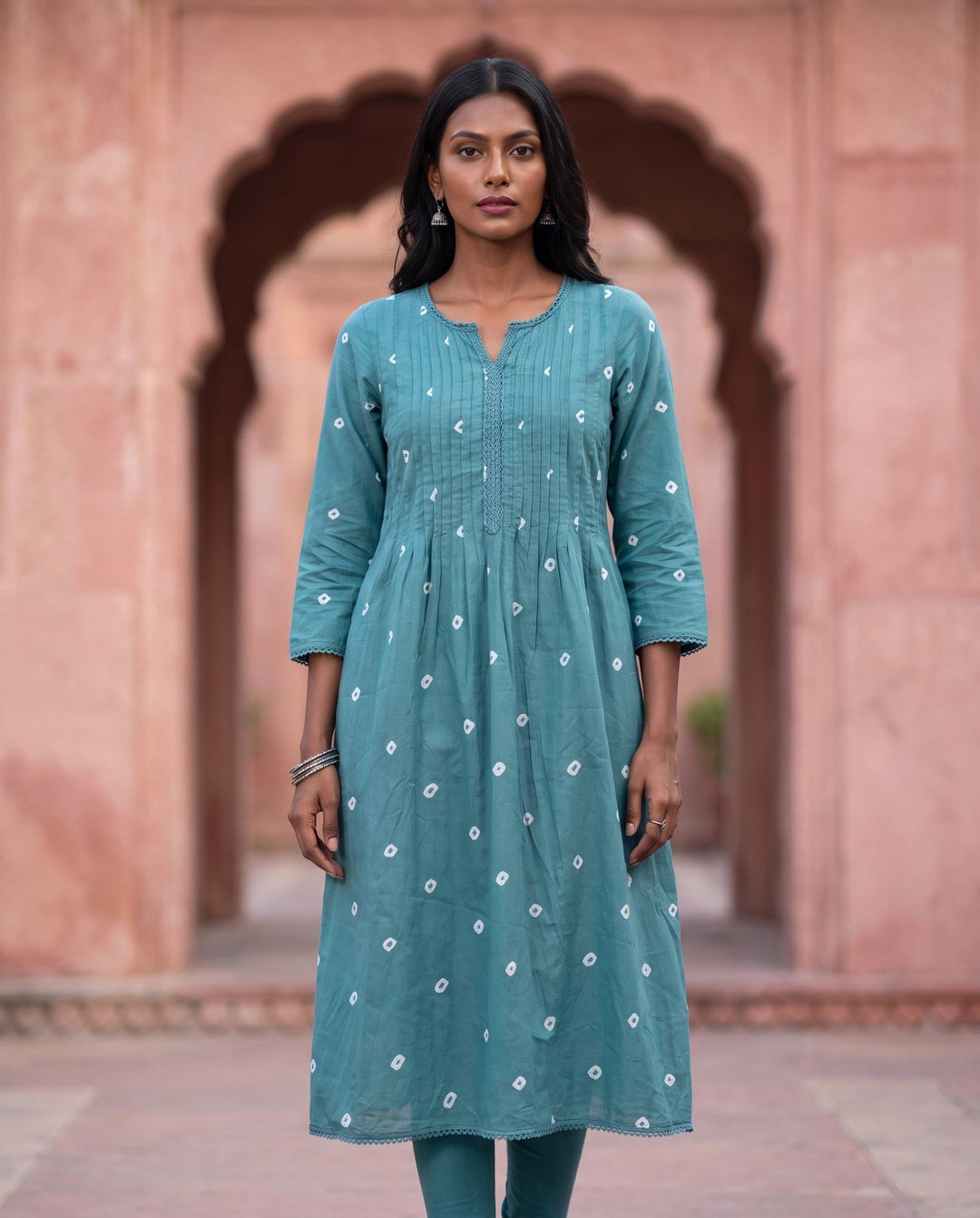 Teal Bandhani Kurta – front view