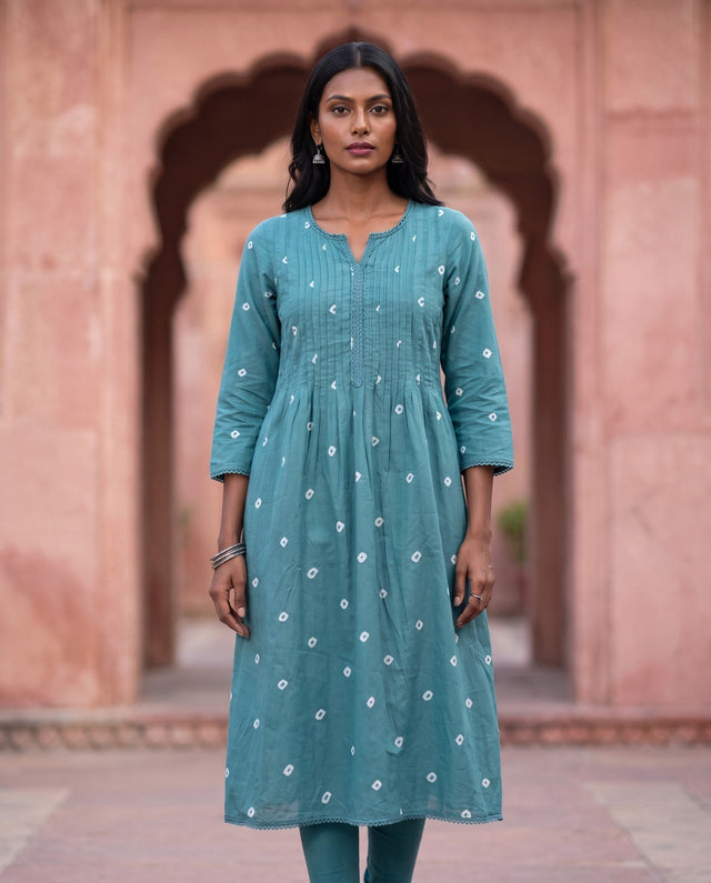 Teal Bandhani Kurta