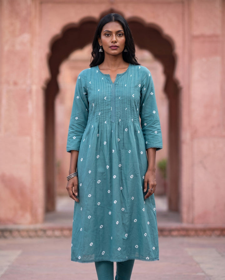 Teal Bandhani Kurta – front view