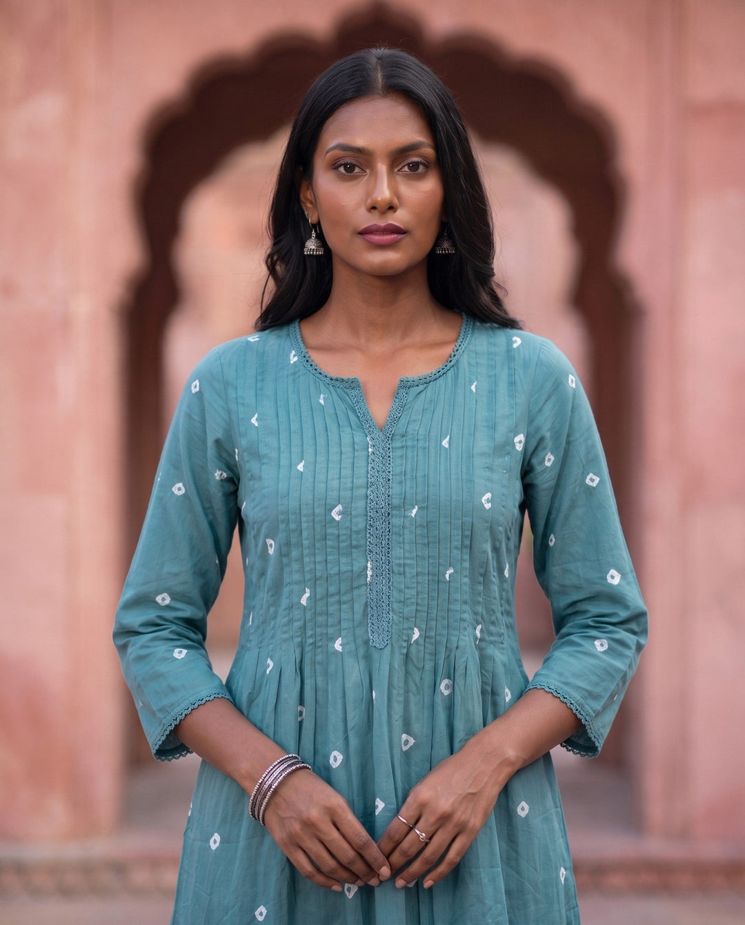 Teal Bandhani Kurta – detail view