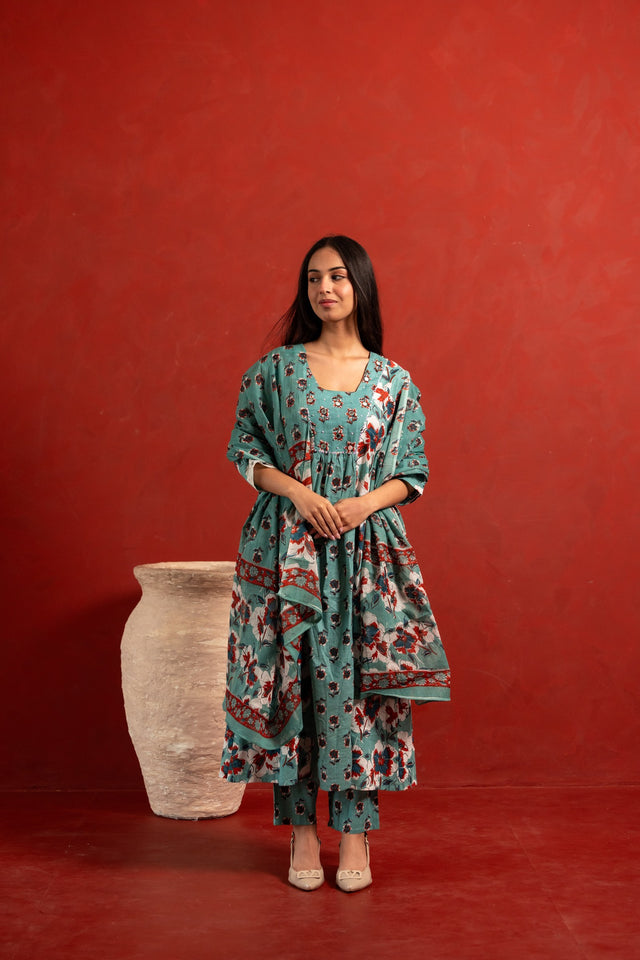 Zoya Teal Pure Cotton Anarkali Suit Set