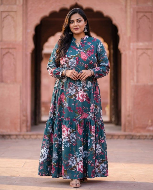 Teal Floral Print Anarkali