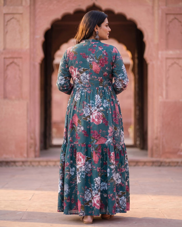 Teal Floral Print Anarkali