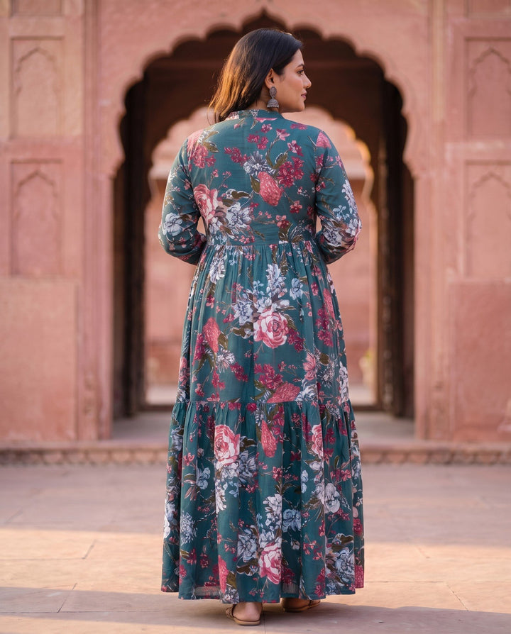 Teal Floral Print Anarkali – back view