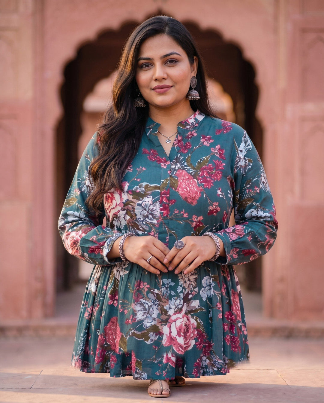 Teal Floral Print Anarkali – detail view