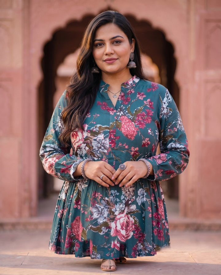 Teal Floral Print Anarkali – detail view