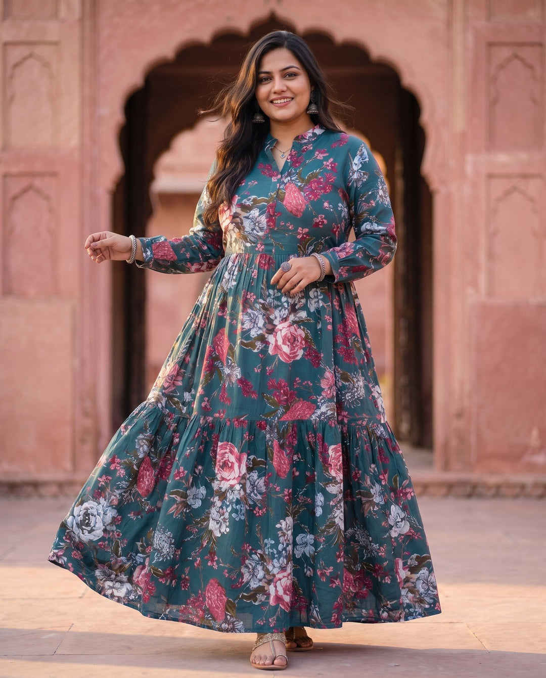 Teal Floral Print Anarkali – styled look