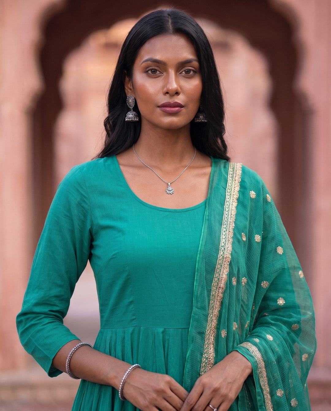 Teal Green Anarkali Set – detail view