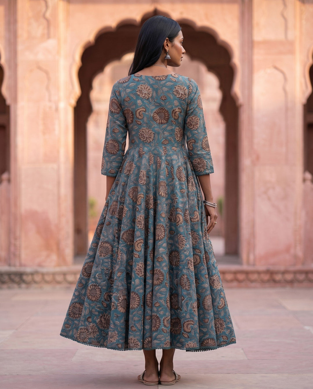 Teal Kalamkari Anarkali – back view