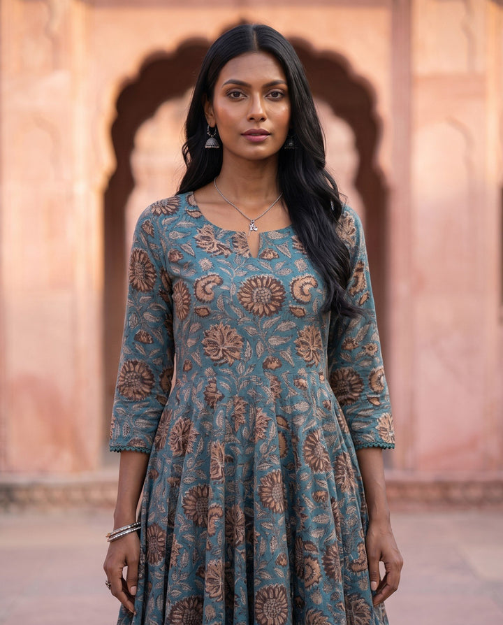 Teal Kalamkari Anarkali – detail view
