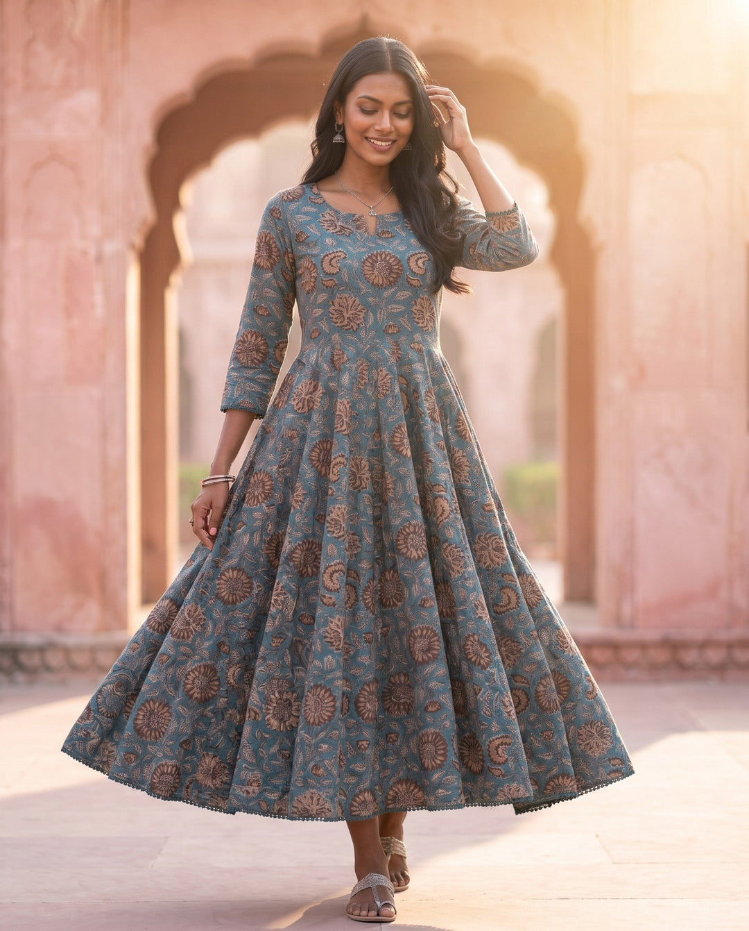Teal Kalamkari Anarkali – styled look