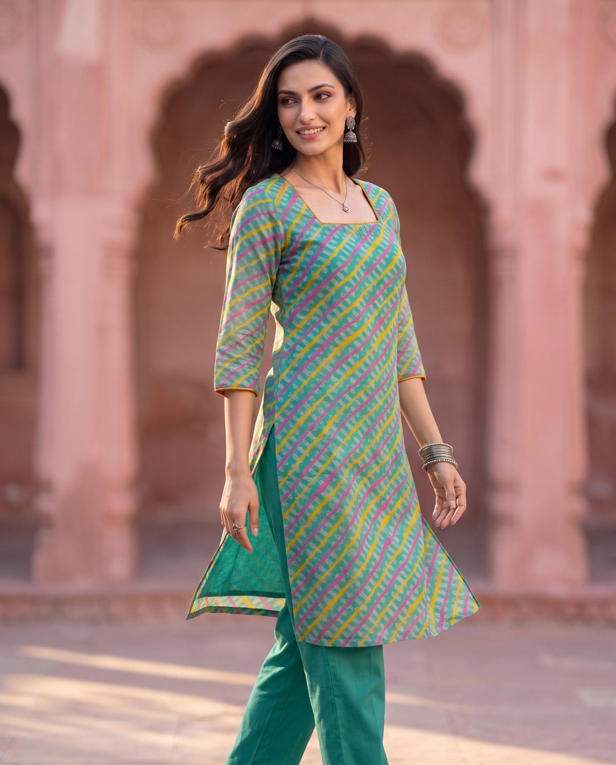 Teal Leheriya Co-ord Set