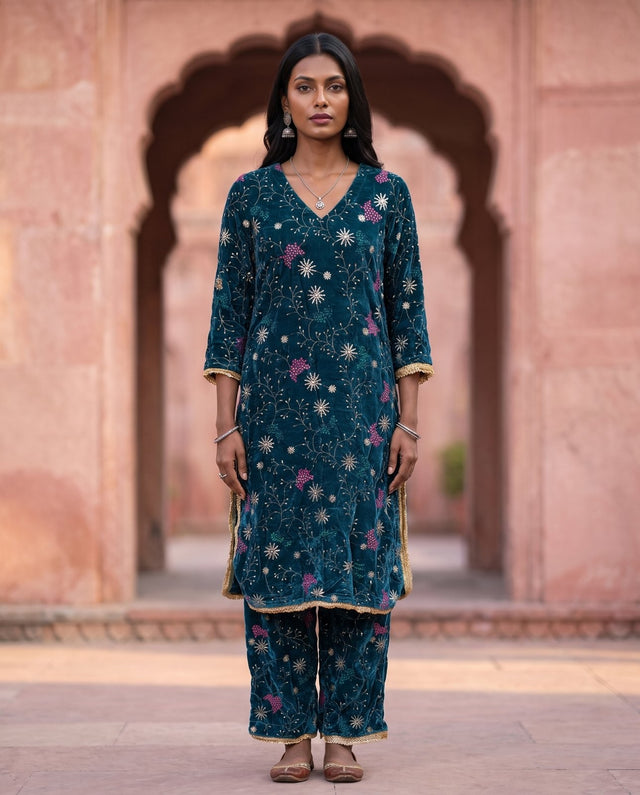 Teal Velvet Embroidered Co-ord Set