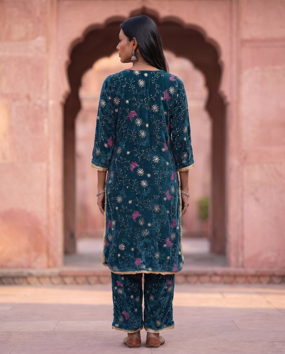Teal Velvet Embroidered Co-ord Set – back view