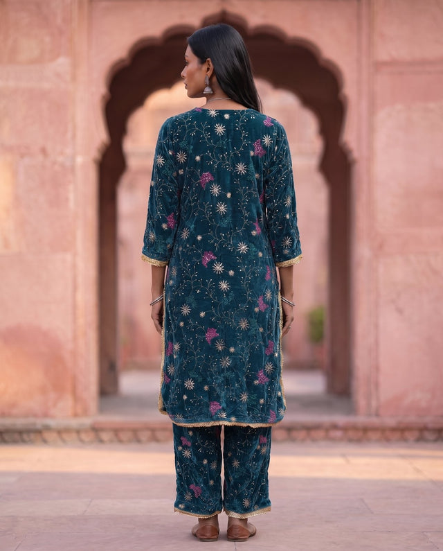 Teal Velvet Embroidered Co-ord Set