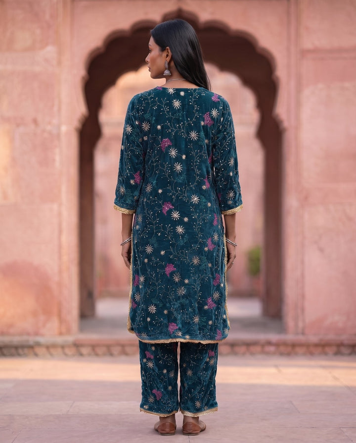 Teal Velvet Embroidered Co-ord Set – back view