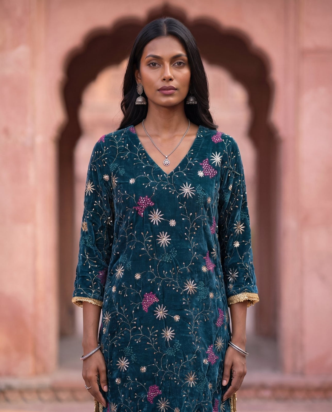 Teal Velvet Embroidered Co-ord Set – detail view