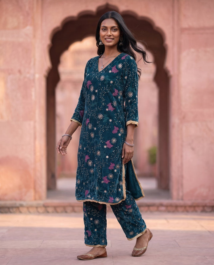 Teal Velvet Embroidered Co-ord Set – styled look