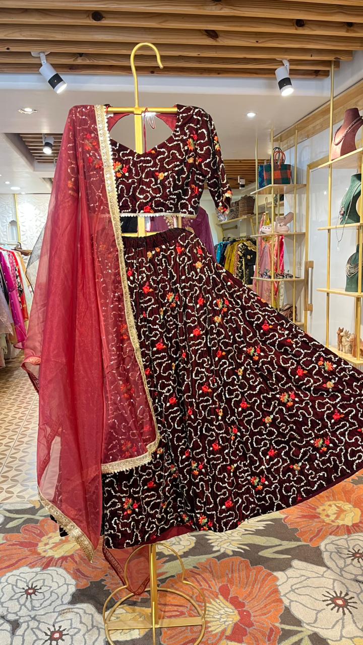 RUHAAN MAROON VELVET LEHENGA SET Gulabo Jaipur