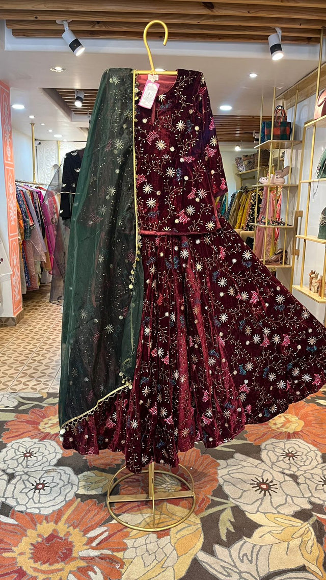REEM MAROON VELVET LEHENGA SET