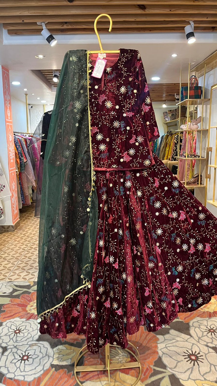REEM MAROON VELVET LEHENGA SET Gulabo Jaipur