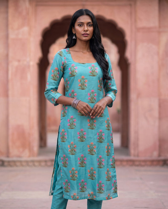 Turquoise Mughal Floral Kurta