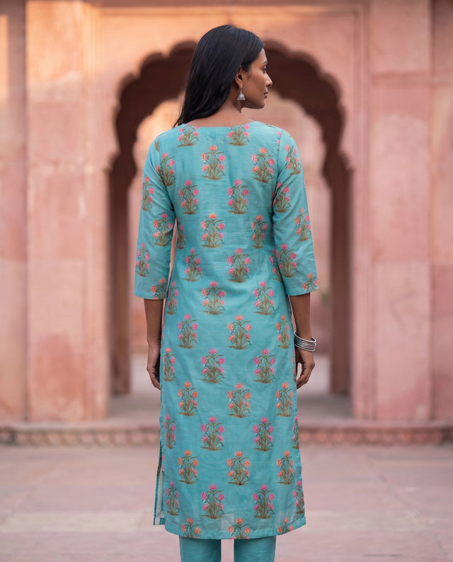 Turquoise Mughal Floral Kurta
