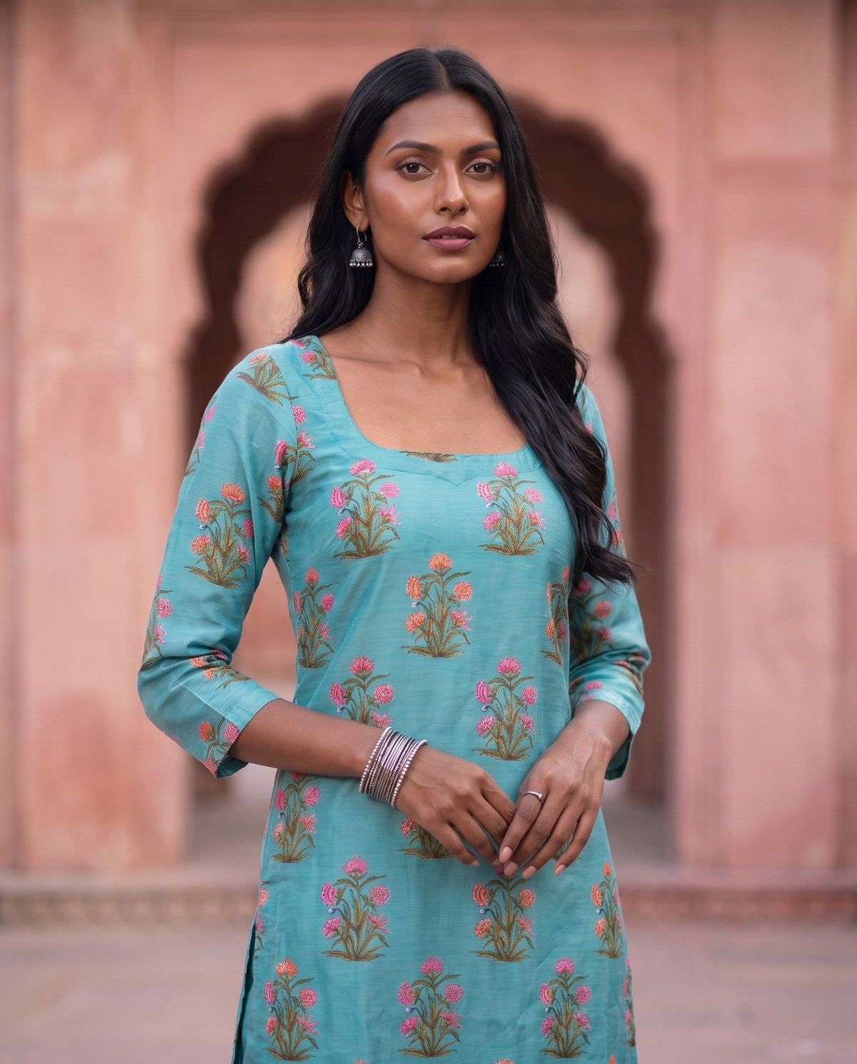Turquoise Mughal Floral Kurta
